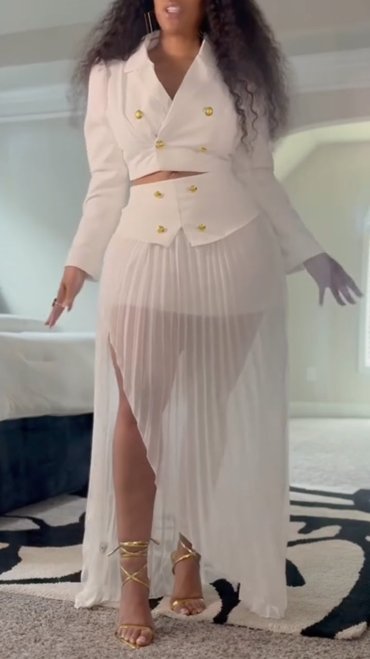 White Blazer Pleated Maxi Skirt Suit