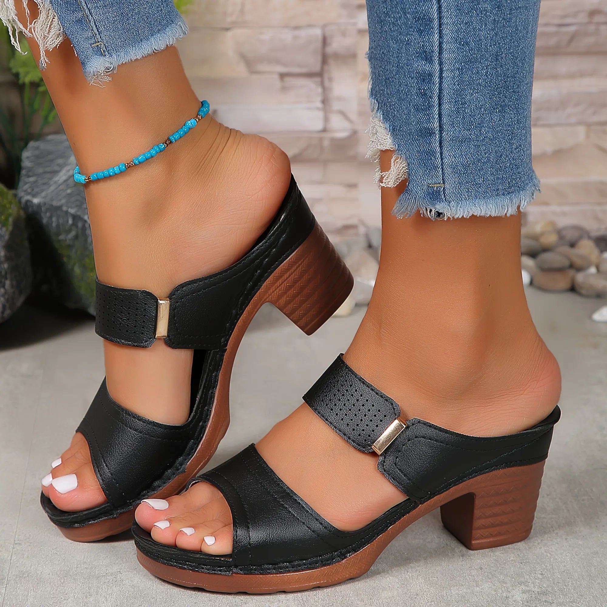 Women's Solid Color Stylish Sandals, Soft Sole Casual Chunky Heel Summer Slides, Double Bands Casual Shoes