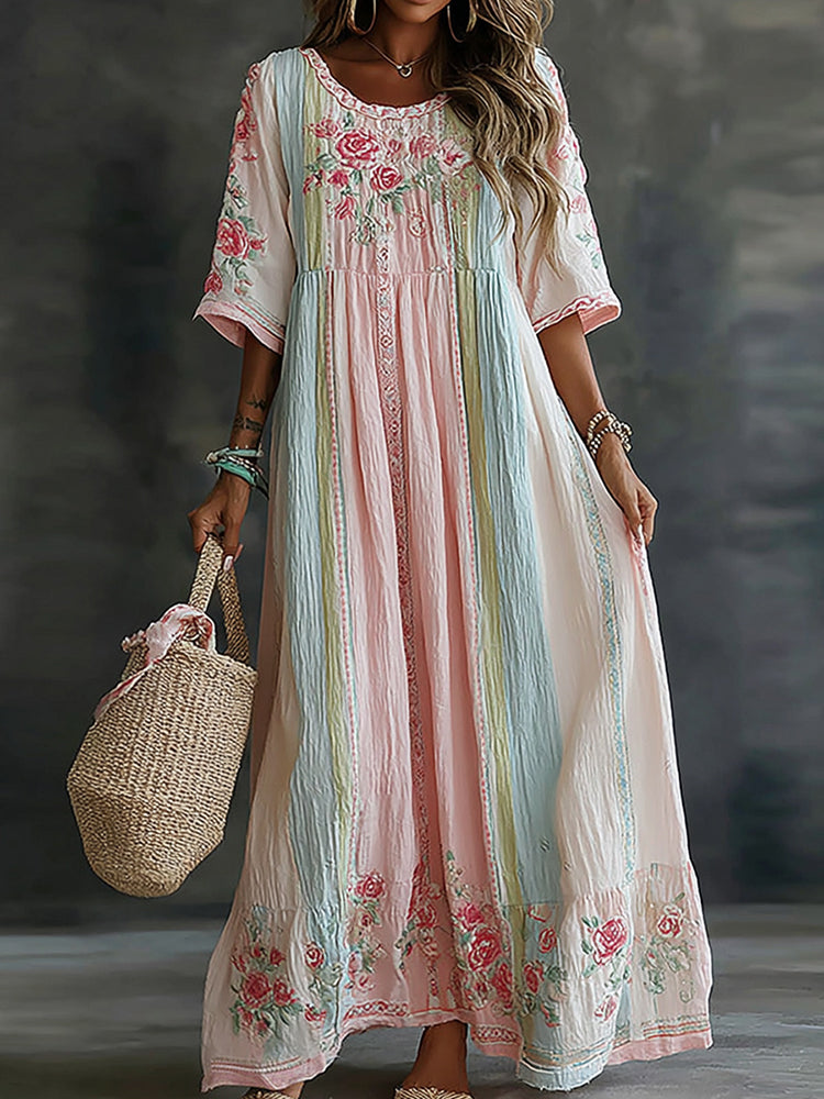 Women's Floral Art Embroidered Linen Blend Round Neck Short Sleeve Dress