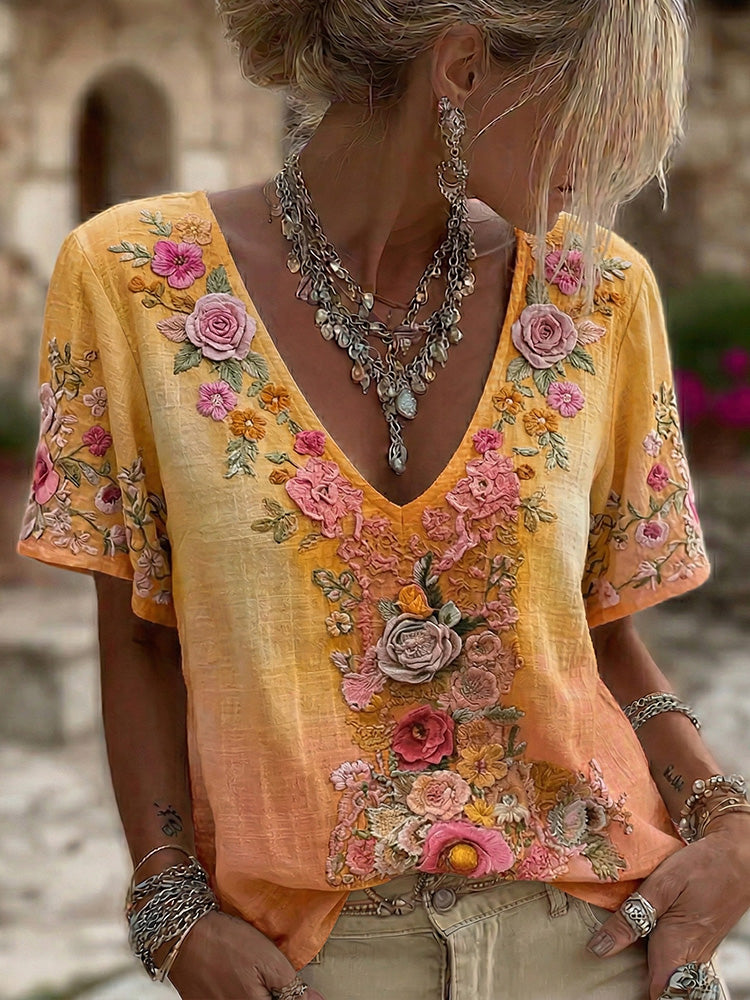 Women's Bohemia Floral Print V-neck Linen Blend T-shirt