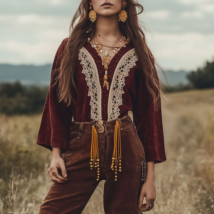 Casual Loose Burgundy Velvet Lace V-Neck Long Sleeve Blouse