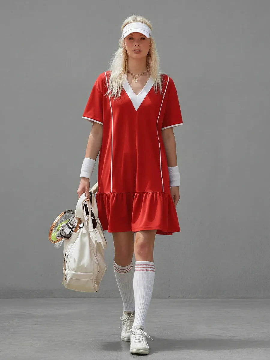 Women's Red & White Knit Tennis Dress With V-Neck & Ruffle Hem, Contemporary Sporty-Chic Tennis Dress MDZ2307D4LYL