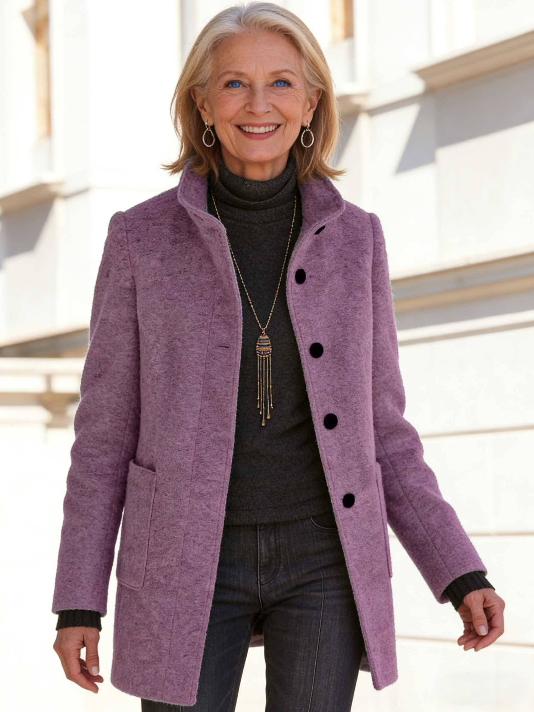 Outfits Women's Solid Color Button-up Collar Tweed Jacket