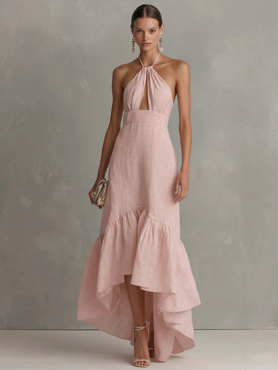 Women's Elegant Pink Cotton-Linen Halter Maxi Dress With Front Cutout And Ruffles MDZ3066C3GMJ