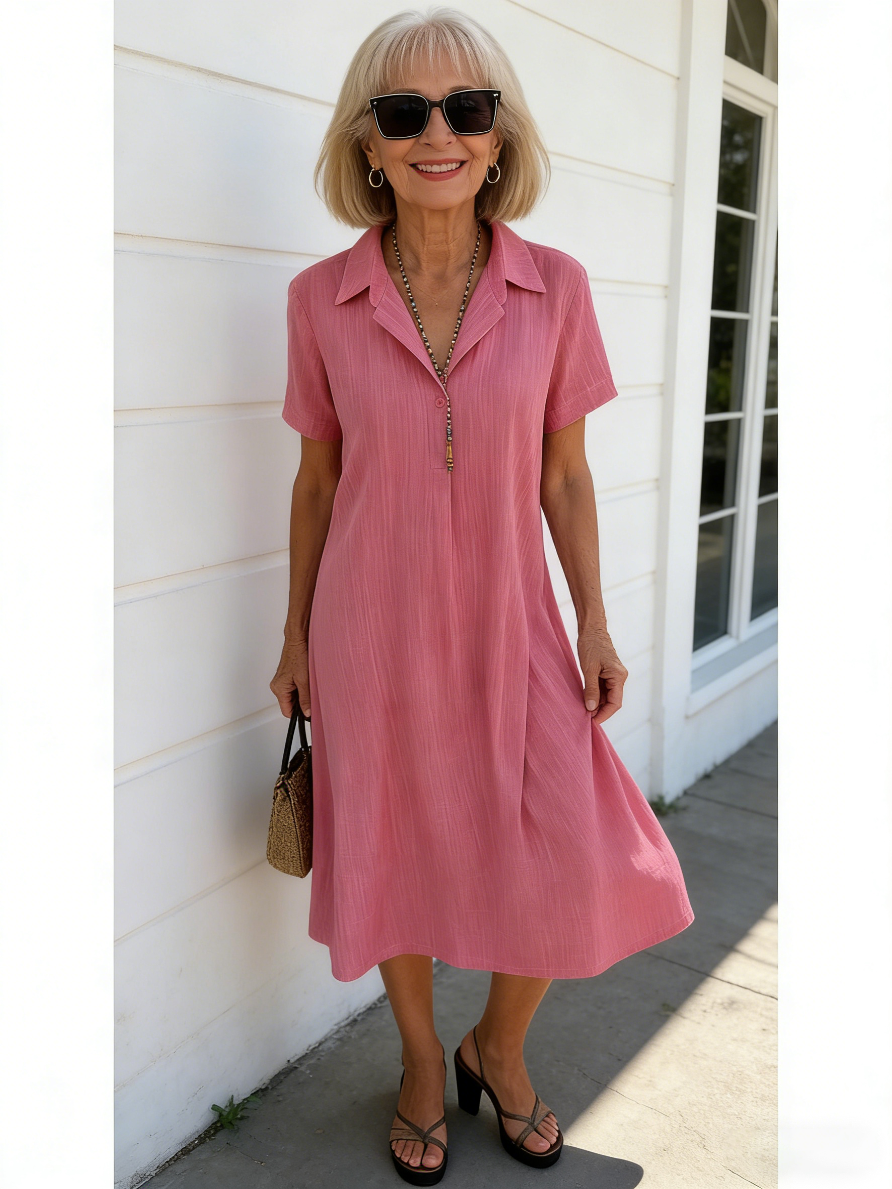 Loose Short-sleeved V-neck Solid Color Cotton and Linen Shirt Dress