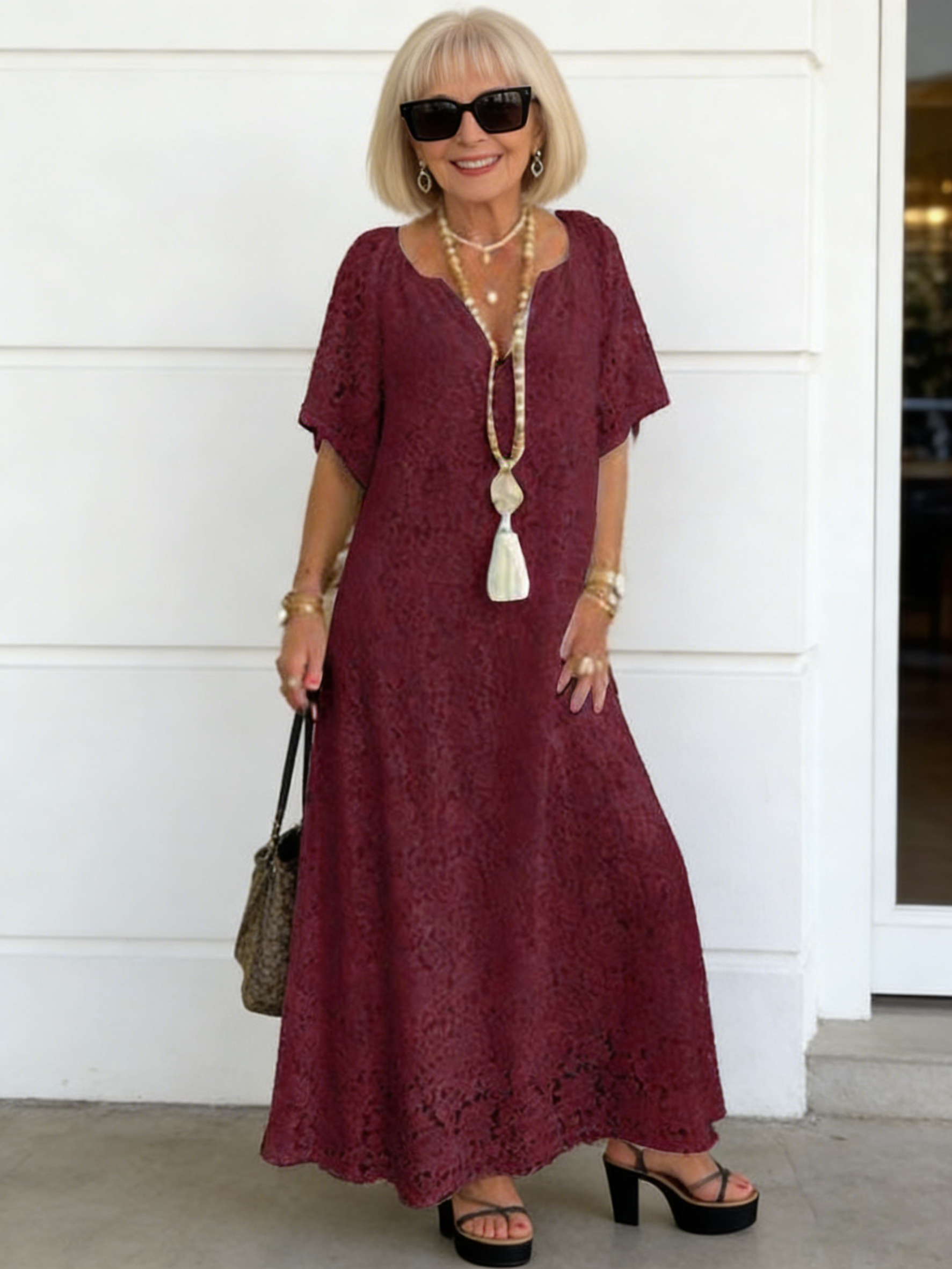 Fashion Summer Dress Women's Elegant V-Neck Short Sleeve Casual Long Dress Lace Crochet Vacation
