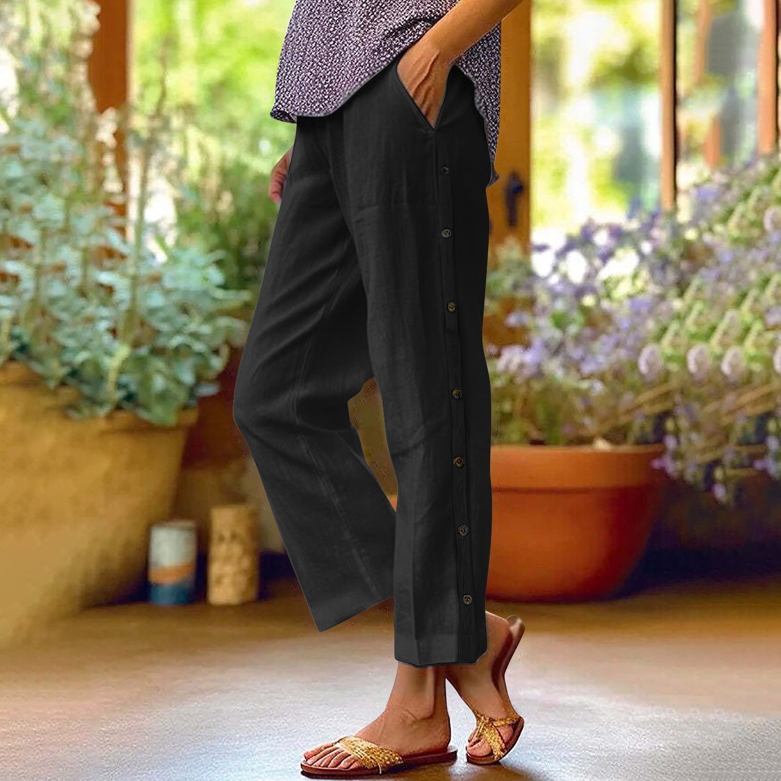 Cotton and Linen Breathable Nine-point Pants Side Seam Decorative Buckle Side Pocket High Waist Loose Casual Pants