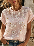Women's casual floral print cotton and linen round neck top