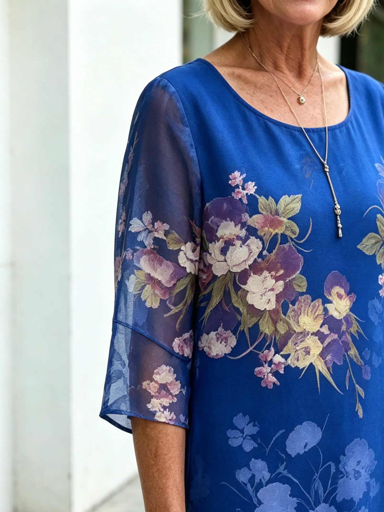 Blue Floral Print Mesh Layered Midi Dress, Round Neck 3/4 Sleeve Loose Tummy Concealing Mother Dress for Mature Women