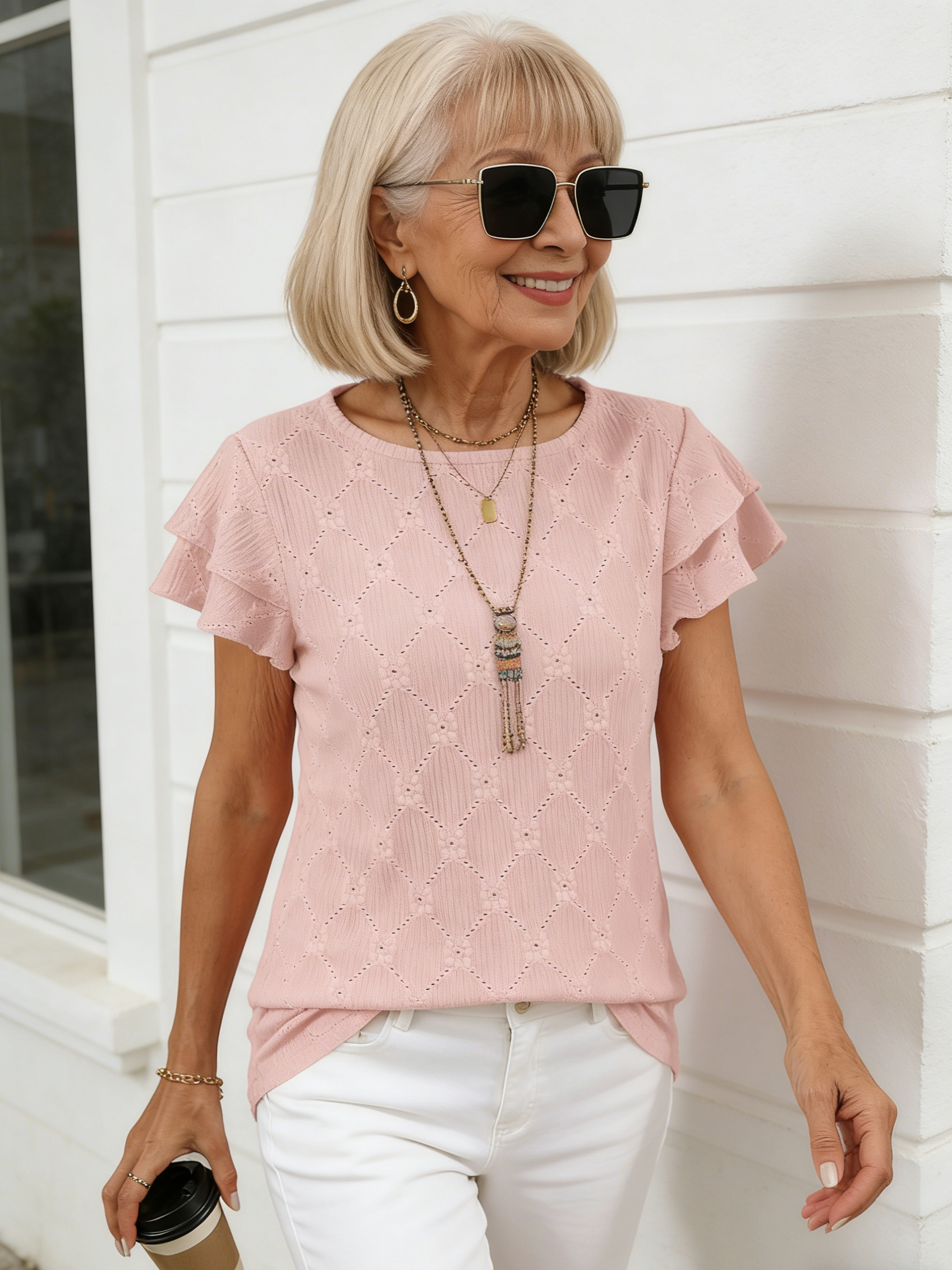 Solid Color Round Neck Short-sleeved T-shirt Hollow Top