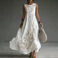Japanese Floral Art Embroidered Casual Linen Sleeveless Maxi Dress