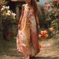 Women's Retro Floral Art Patchwork V-neck Dress