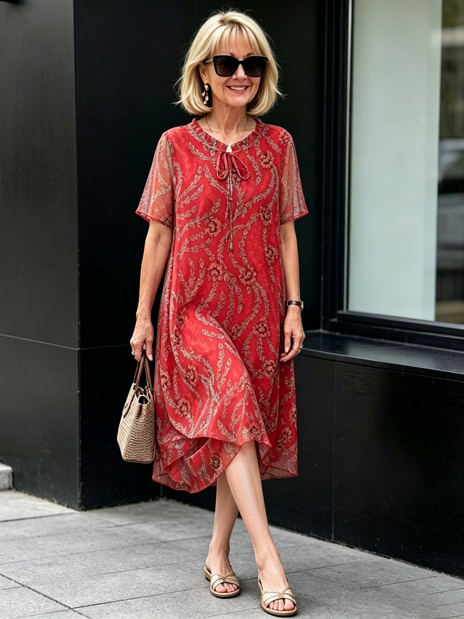 Dark Green Floral Print Mesh Midi Dress, Tie Neck Short Sleeve Loose Tummy Concealing Elegant Dress for Mature Women