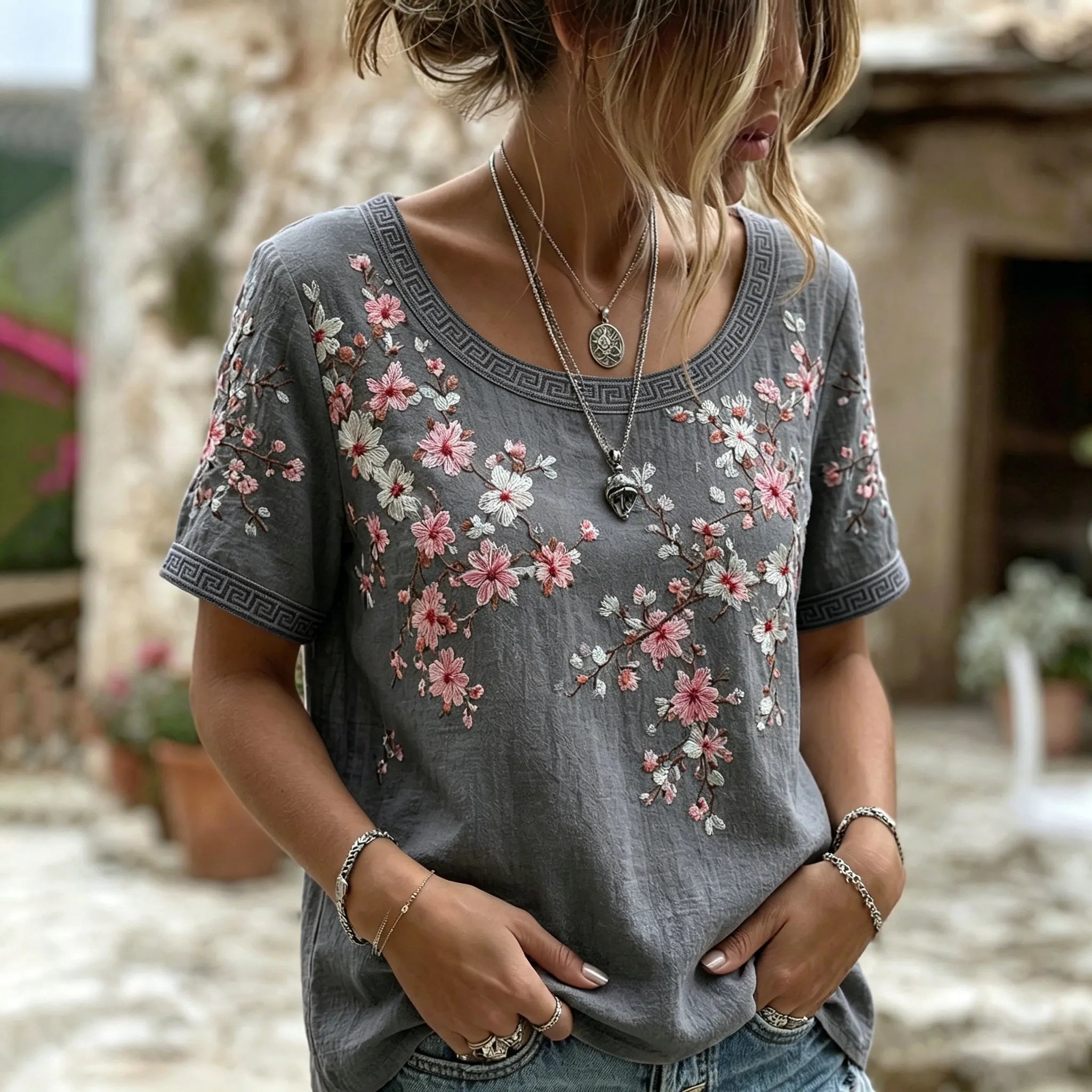 Women's Vintage  Japanese Cherry Blossom Art Round Neck Short Sleeve T-shirt