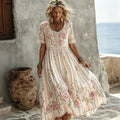 Women's Vintage Floral Vine Art Embroidery Patchwork Cotton Linen Dress