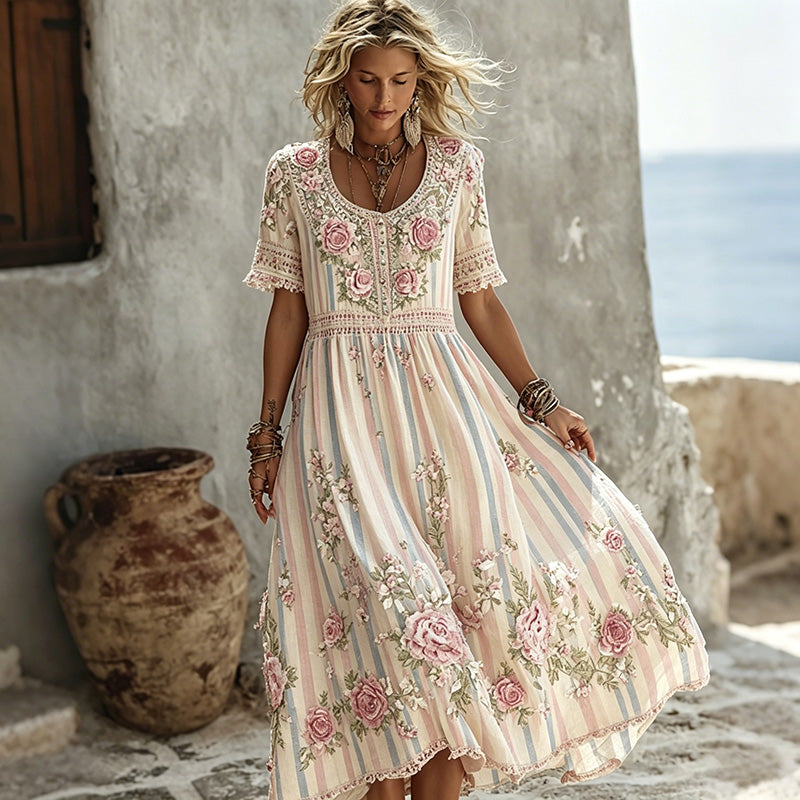 Women's Vintage Floral Vine Art Embroidery Patchwork Cotton Linen Dress