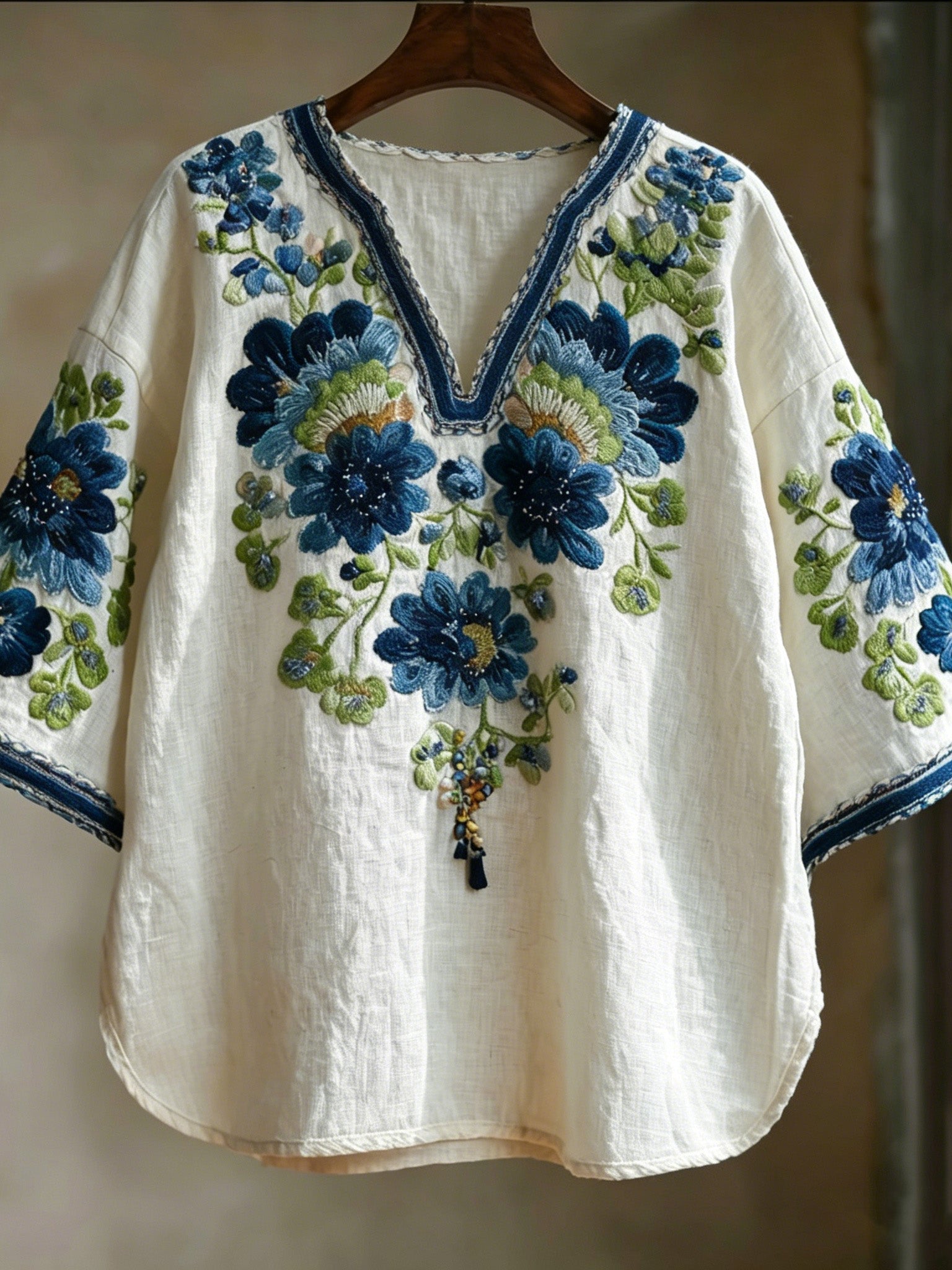 Women's Retro Bohemian Floral Art Casual Linen Blend V-neck T-shirt