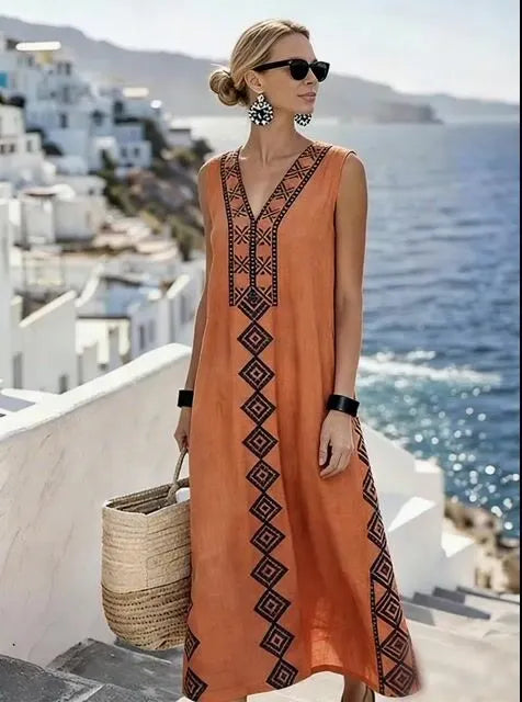 Women'S Casual Color-Block Cotton And Linen Dress