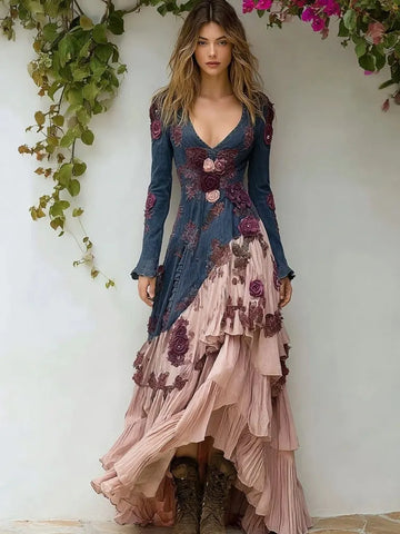 Vintage Boho Pink Roses Embroidered Linen Maxi Dress