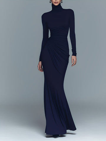 Women's Navy Elegant Stretch Polyester-Cotton Blend Turtleneck Draped Maxi Dress MDA1742J1I