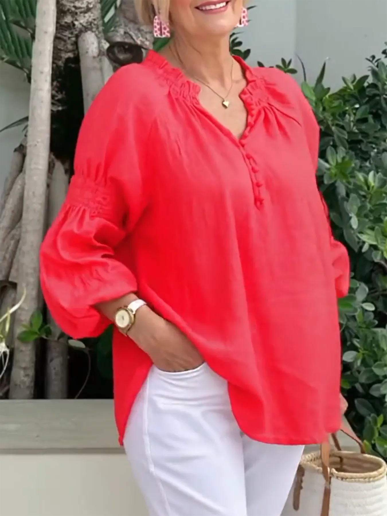 Casual V-neck Solid Color Cotton and Linen Long-sleeved Top