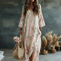 Women's Vintage Floral Vine Art Embroidery Patchwork Cotton Linen Dress