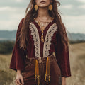 Casual Loose Burgundy Velvet Lace V-Neck Long Sleeve Blouse