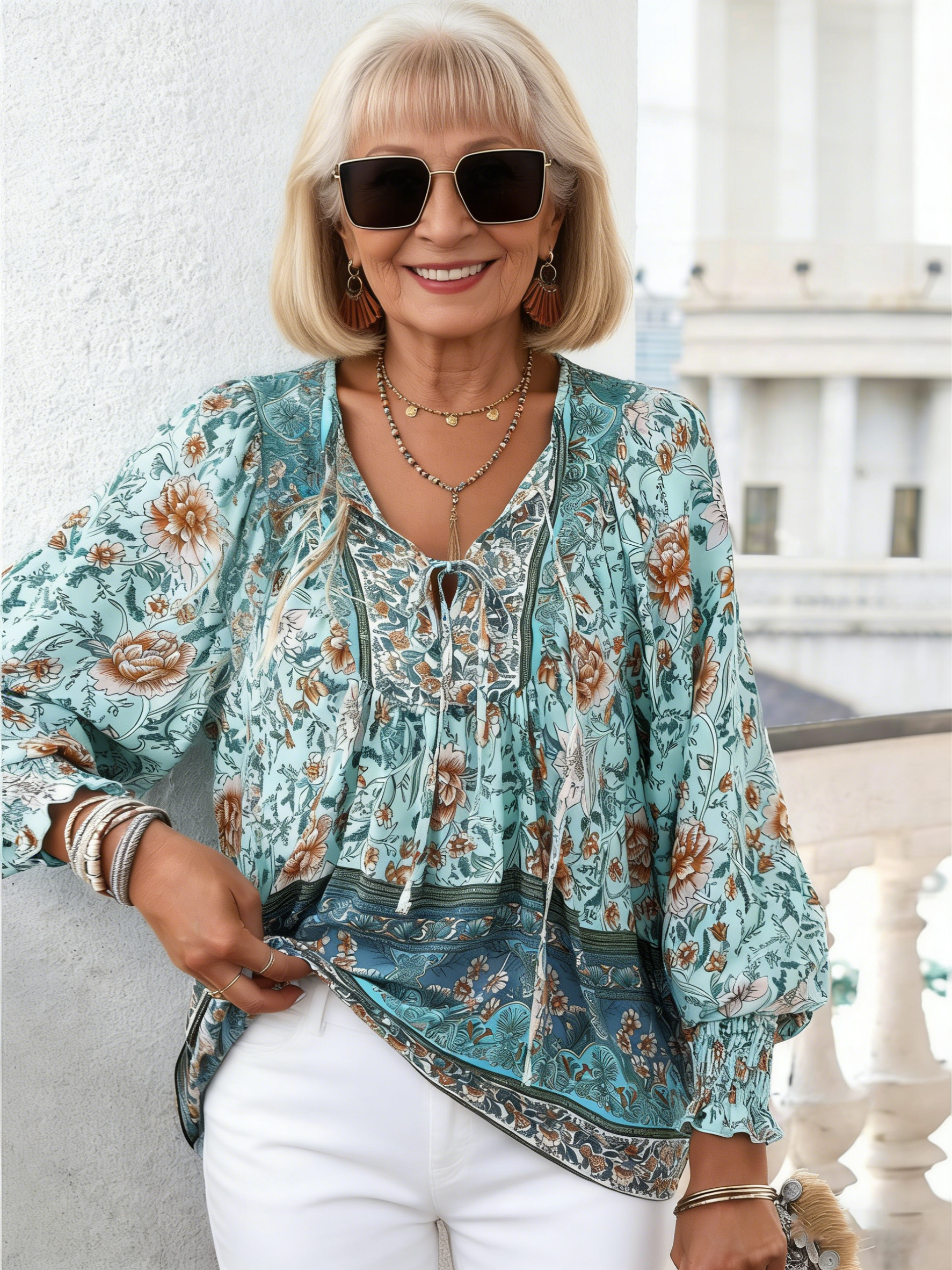 Bohemian Shirt Printed V-Neck Lace-Up Long Sleeve Top Shirt Women's Loose