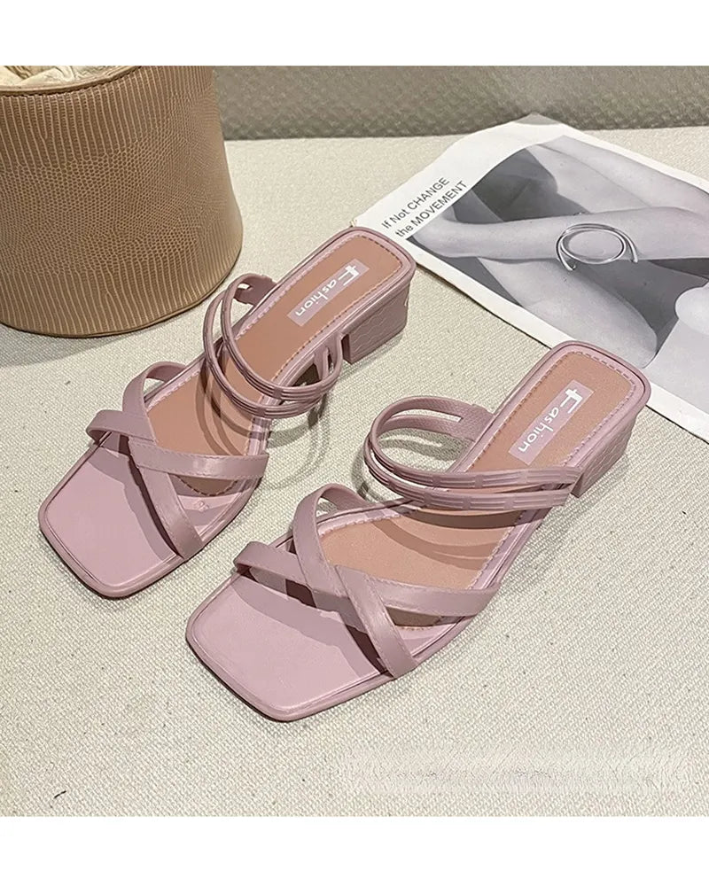 Chunky Heel Wedge Slippers Sandals Two-Way Beach Seaside Half Slippers