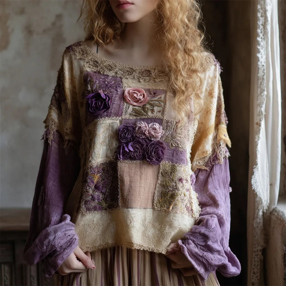 Boho Floral Embroidered Lace Patchwork Women's Linen Long Sleeve Shirt