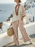 Women'S Loose Slit Contrast Striped Pants Set