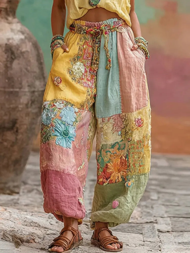 Women's Vintage Bohemian Floral Embroidery Patchwork Art Linen Blend Pants