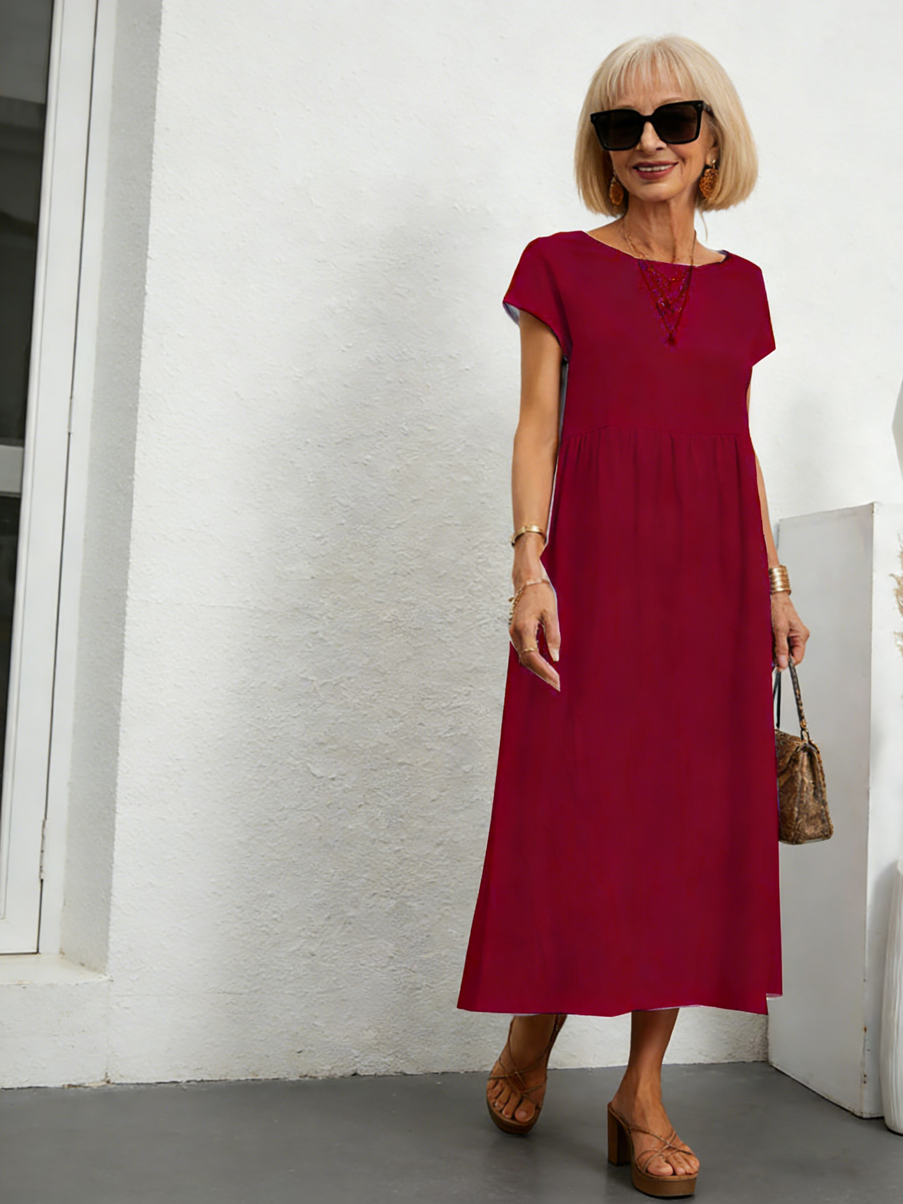 Solid Color Linen Round Neck Fitted Dress