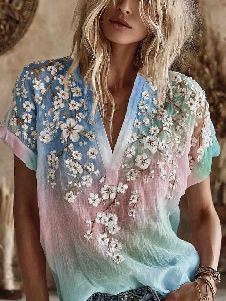 Women's Retro Bohemian Floral Art Casual Linen Blend T-shirt