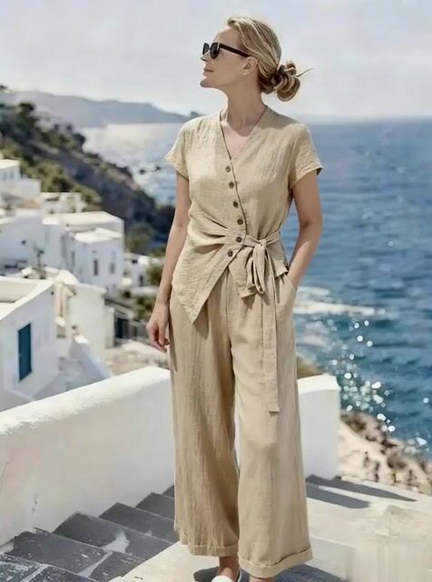Women'S Casual Solid-Color Shirt And Button-Up Pants Set