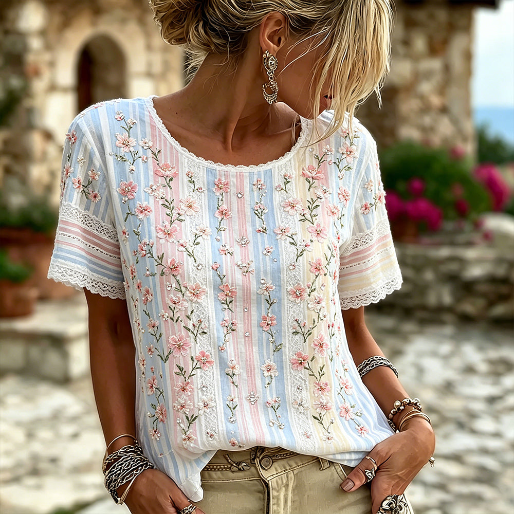 Women's Cherry Blossom And Lace Art Rhinestone Striped Comfortable Linen Blend Casual Round Neck Short Sleeve Top