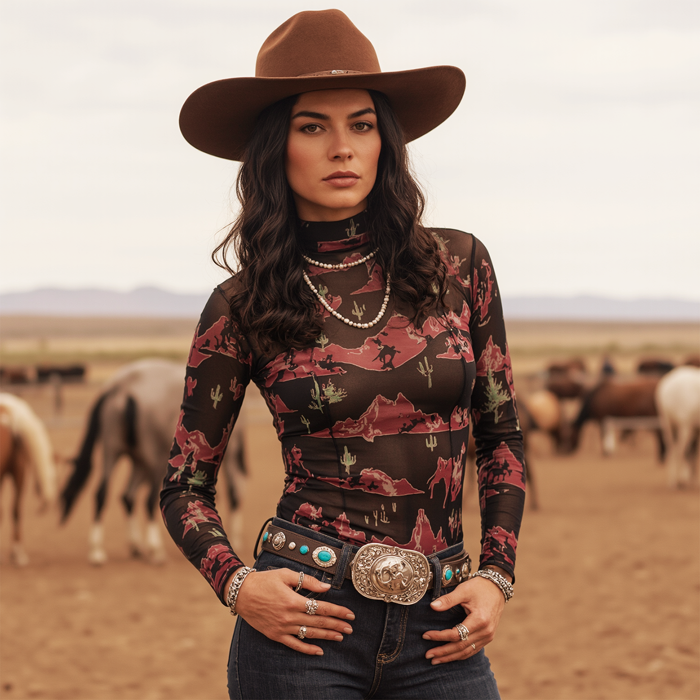 Women's Vintage Cowboy Desert Elegance: Boho-Inspired Camouflage Top With Cowboy Hat