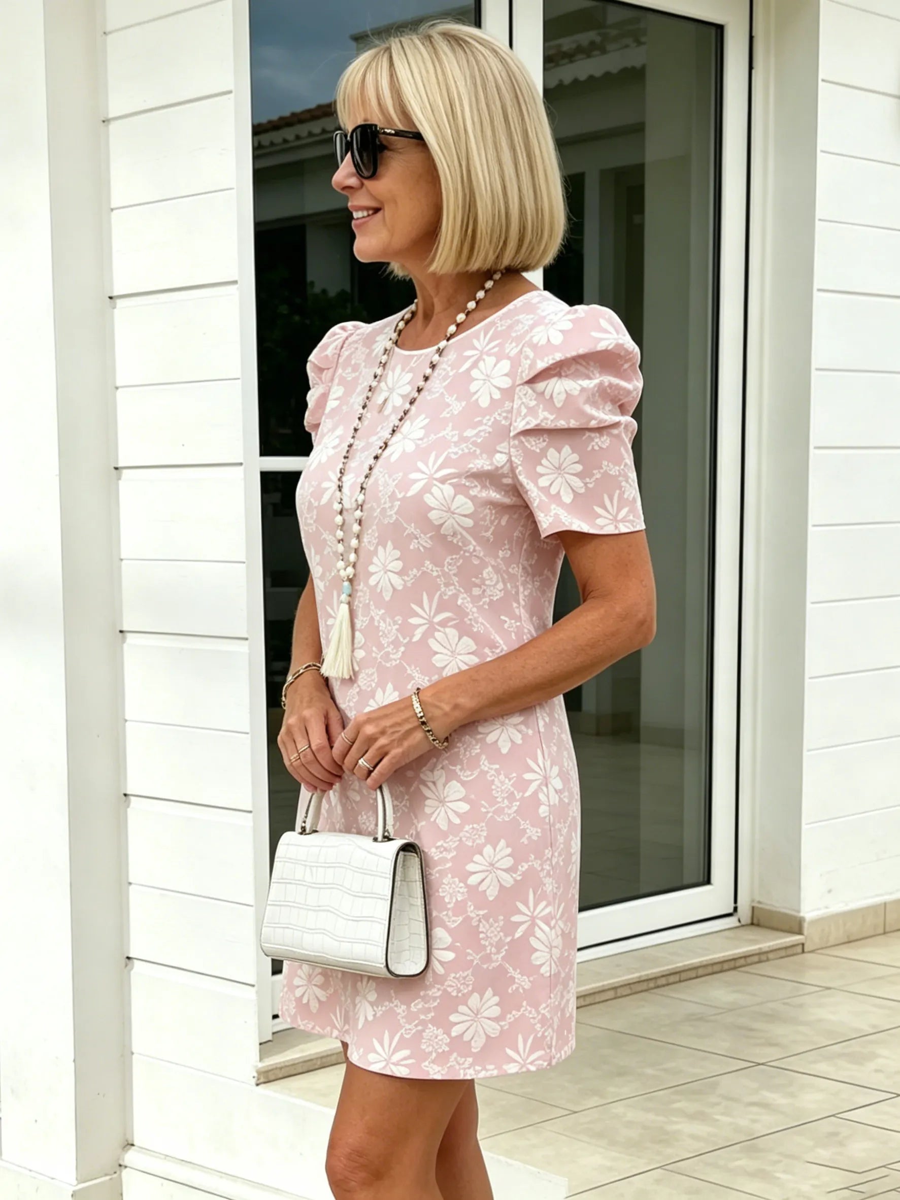 Bubble Sleeve Textured Jacquard Crew Neck Vintage Style Dress
