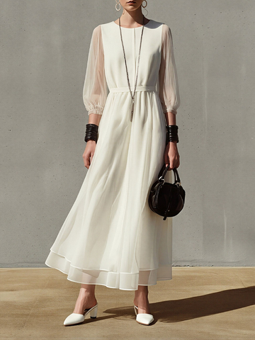 Women's Off-White Chiffon Maxi Dress With Sheer Balloon Sleeves & Waist Tie, Timeless Elegant Formal Dress MDZ2768D2LYL