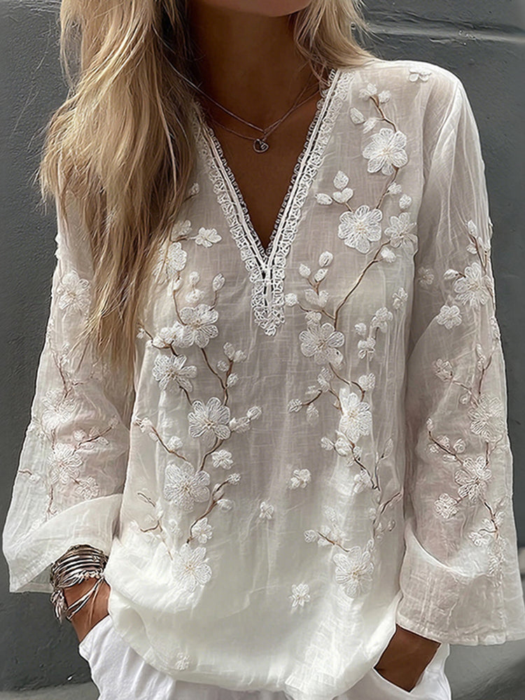 Women's Vintage Japanese Plum Blossom Floral Art Comfy V Neck Linen T-shirt