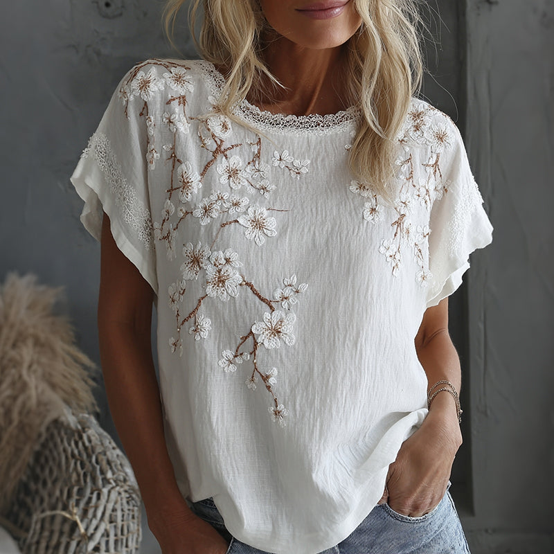Women's Vintage Floral Art Short Sleeve Casual Linen T-shirt