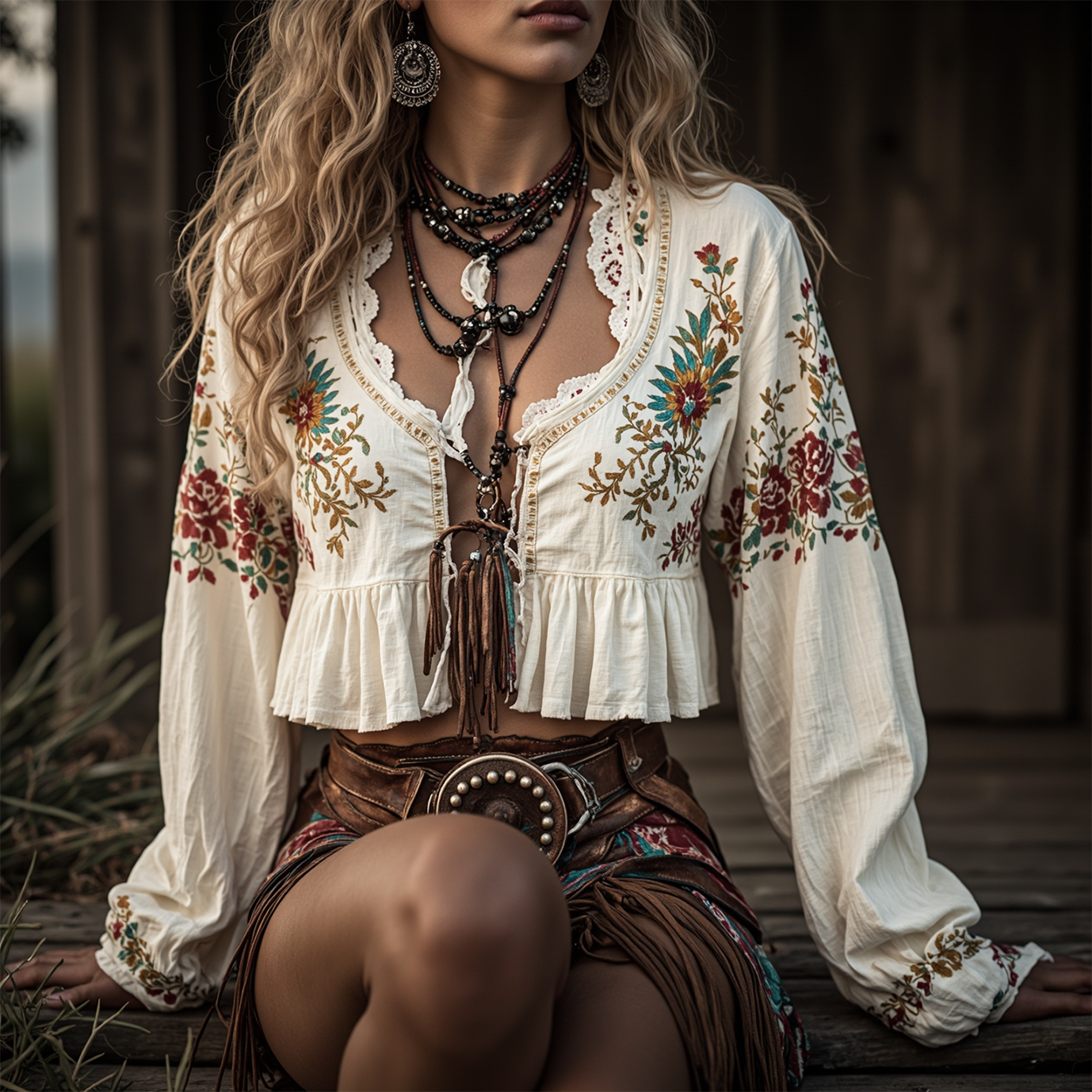 Women's Bohemian Floral Embroidered Top With Tassel Detail
