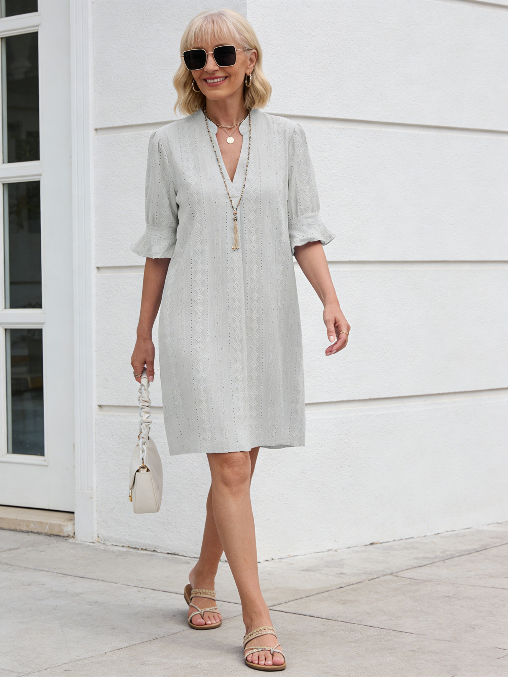 Solid Color Jacquard Five-quarter Sleeve V-neck Loose Dress Women