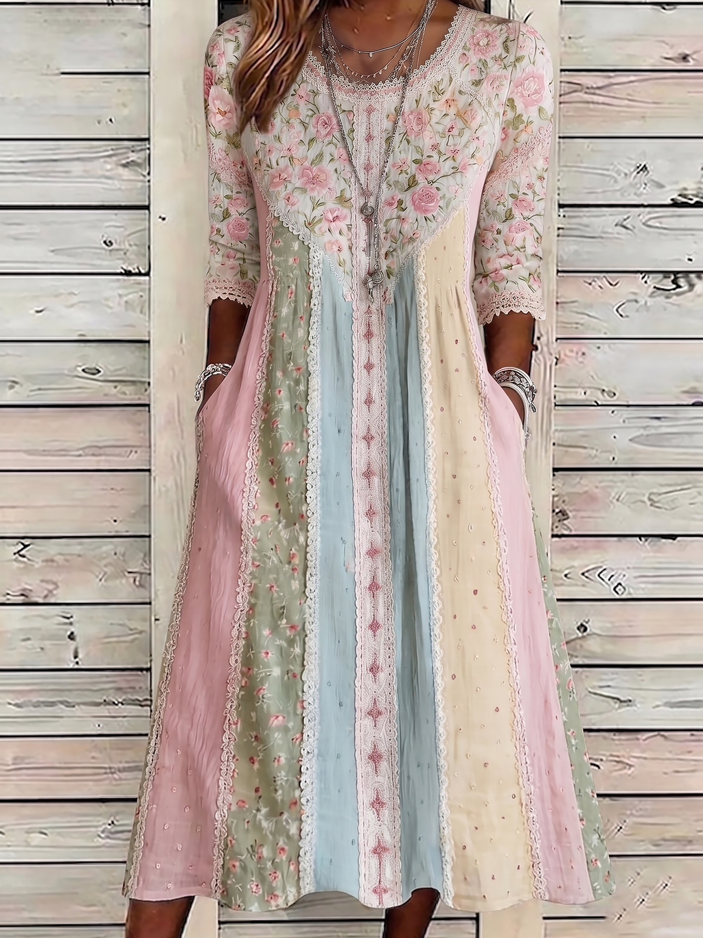 Women's Casual Retro Floral Contrast Color Patchwork Linen Dress