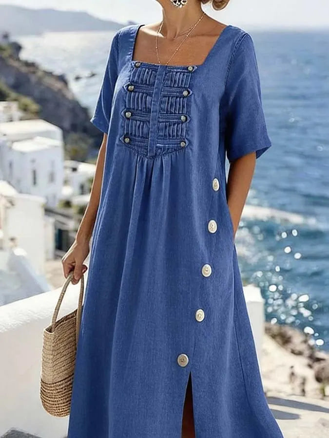 Women'S Casual Solid Color Dress With A Unique Square Neckline