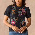 Women's Flower Embroidery Vintage Black Round Neck Short Sleeved Shirt