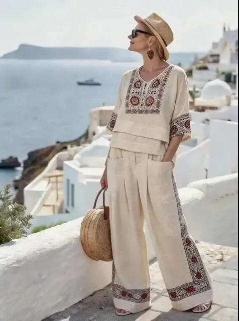Women'S Casual V-Neck Printed Wide-Leg Pants Set