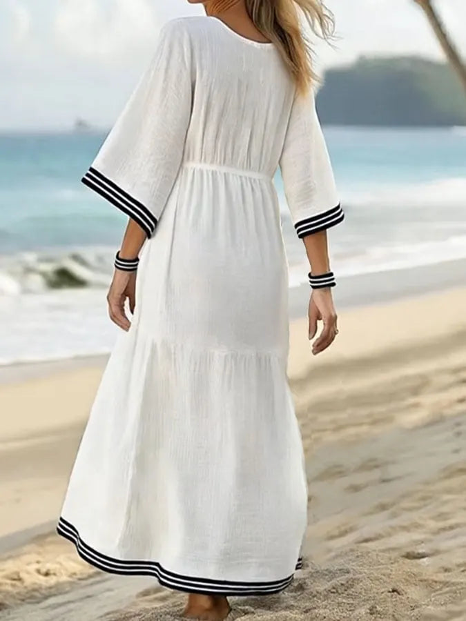 Women's Holiday Stripe Print V-Neck Cotton and Linen Dress