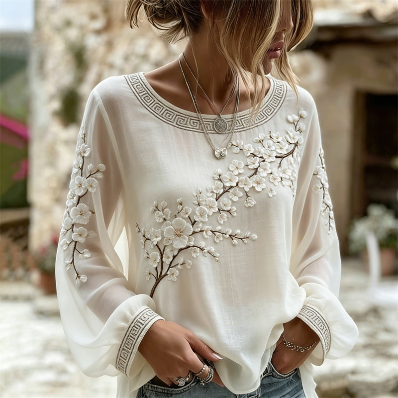 Classy Almond Blossom Japanese Art Flowy Linen Tunic