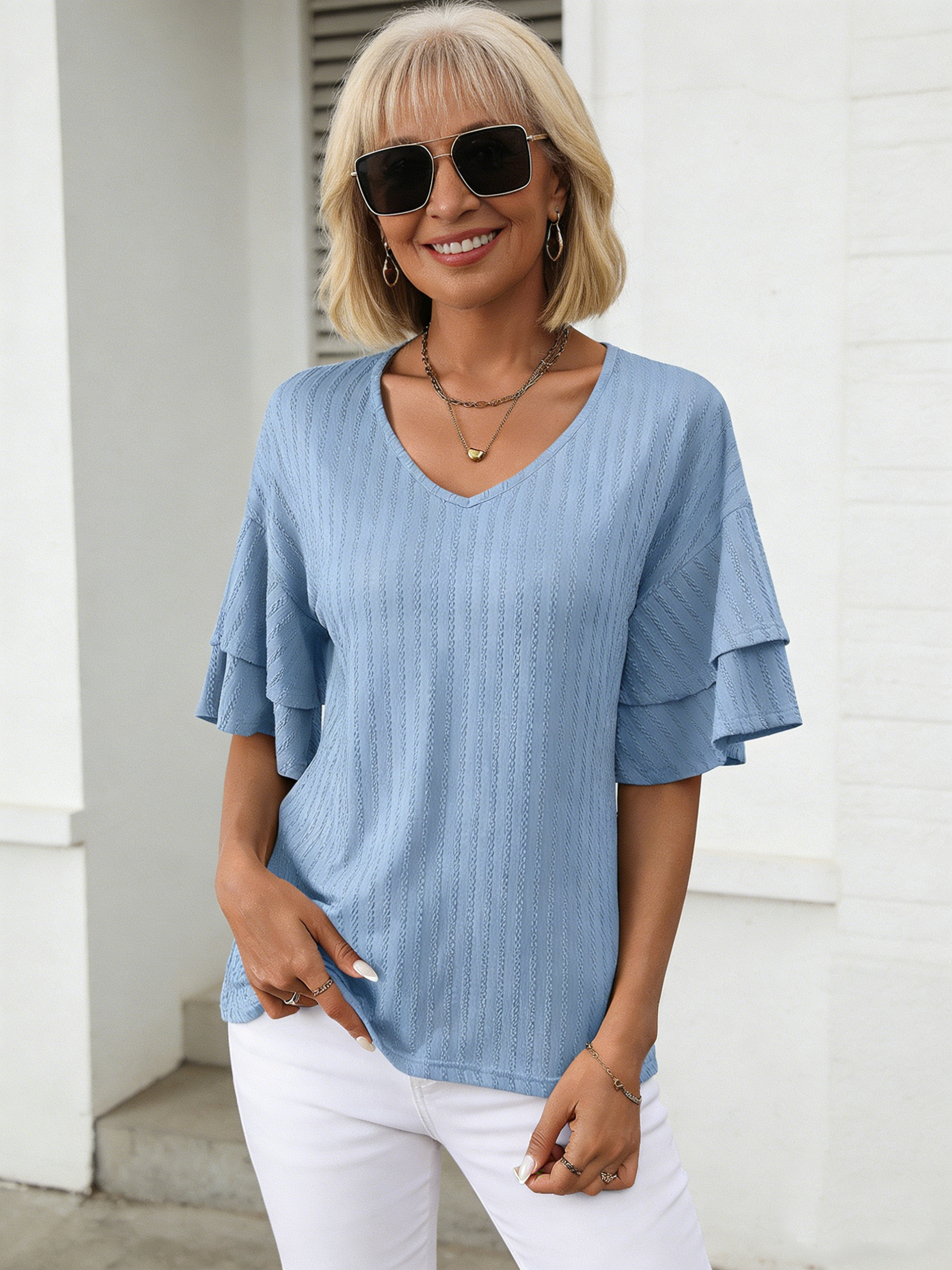 Textured Fabric Solid Color V-Neck Lotus Leaf Sleeve Short Sleeve T-Shirt Top